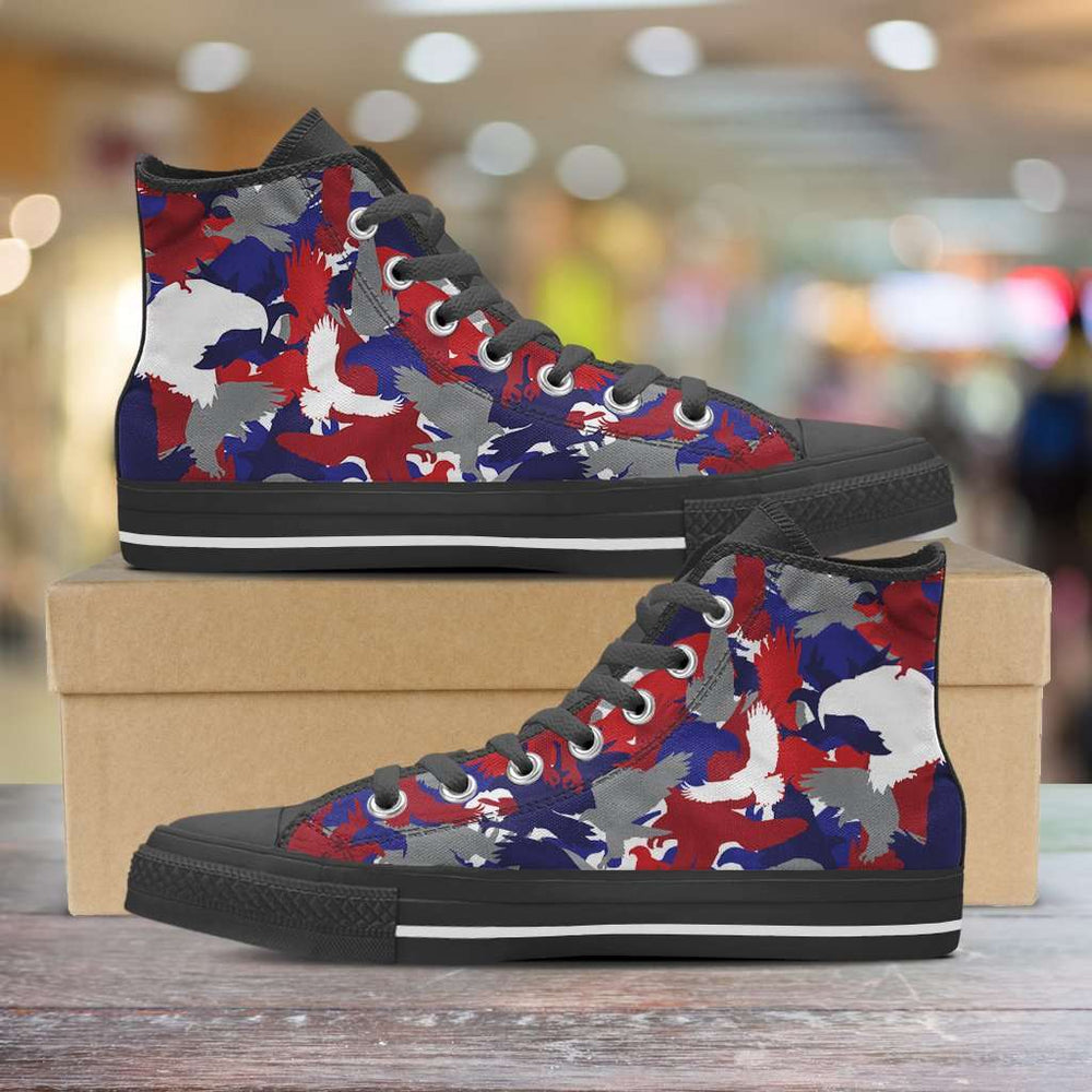 Designs by MyUtopia Shout Out:Red White and Blue Eagles Camo Print Canvas High Top Shoes,Men's / Mens US 5 (EU38) / Red/Blue Camo,High Top Sneakers