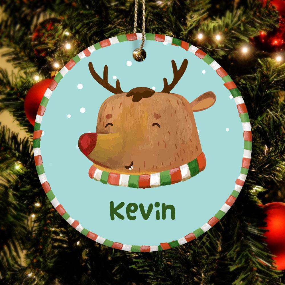 Designs by MyUtopia Shout Out:Reindeer Christmas Personalized with Name Ceramic Circle Ornament,White / One Size,Personalized Christmas Ornament