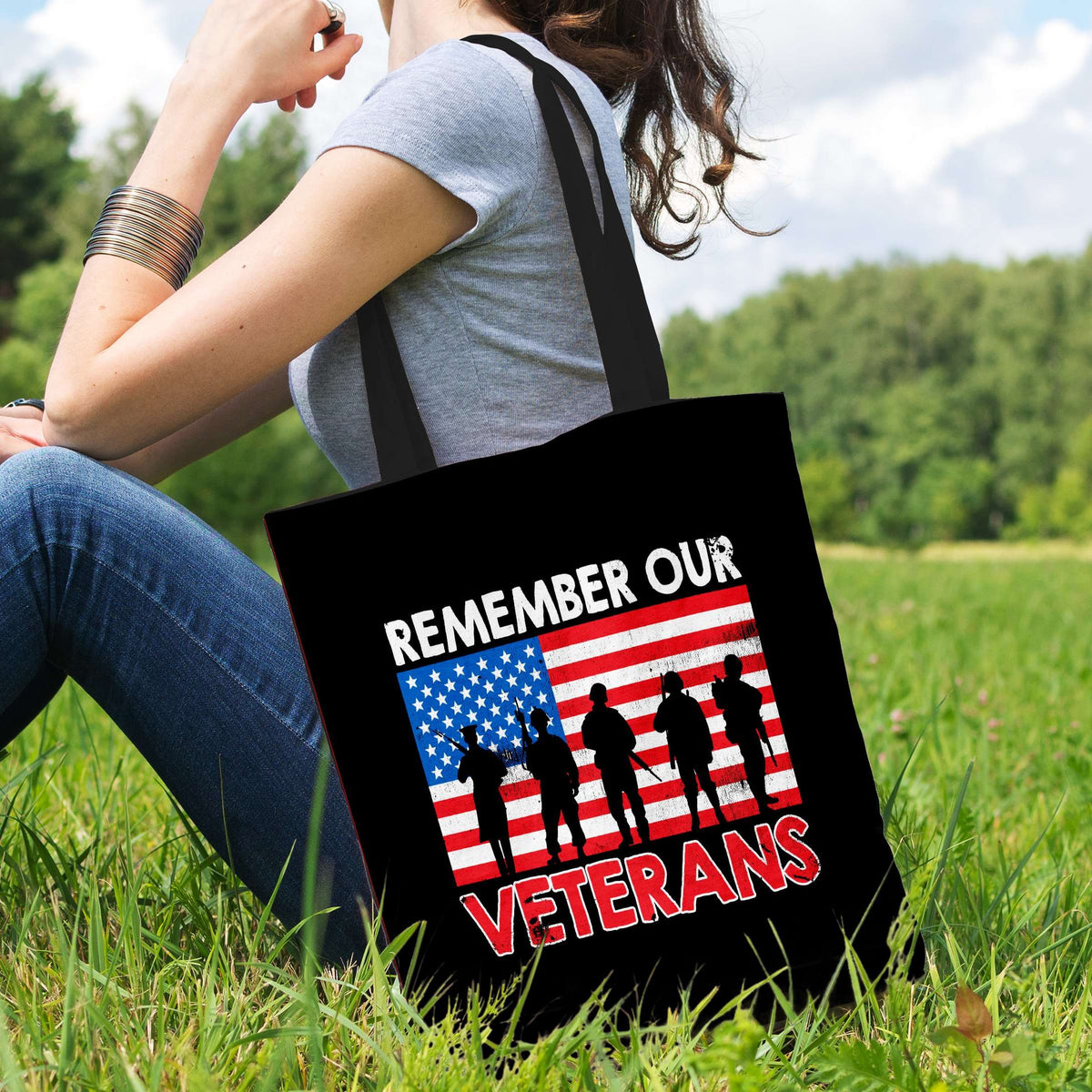 Designs by MyUtopia Shout Out:Remember Our Veterans Fabric Totebag Reusable Shopping Tote