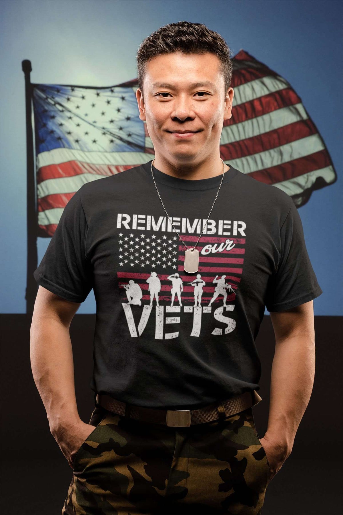Designs by MyUtopia Shout Out:Remember Our Veterans Men's Printed V-Neck T-Shirt
