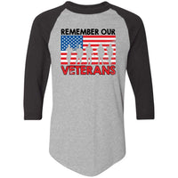 Load image into Gallery viewer, Designs by MyUtopia Shout Out:Remember Our Veterans US Flag 3/4 Length Sleeve Color block Raglan Jersey T-Shirt,Athletic Heather/Black / S,Long Sleeve T-Shirts
