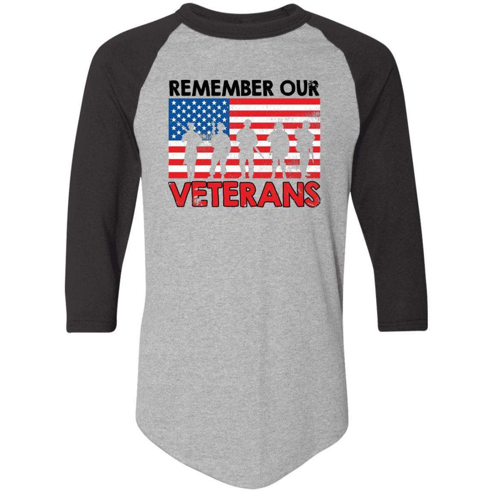 Designs by MyUtopia Shout Out:Remember Our Veterans US Flag 3/4 Length Sleeve Color block Raglan Jersey T-Shirt,Athletic Heather/Black / S,Long Sleeve T-Shirts