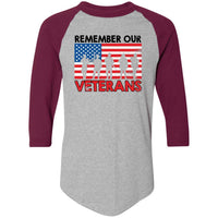Load image into Gallery viewer, Designs by MyUtopia Shout Out:Remember Our Veterans US Flag 3/4 Length Sleeve Color block Raglan Jersey T-Shirt,Athletic Heather/Maroon / S,Long Sleeve T-Shirts
