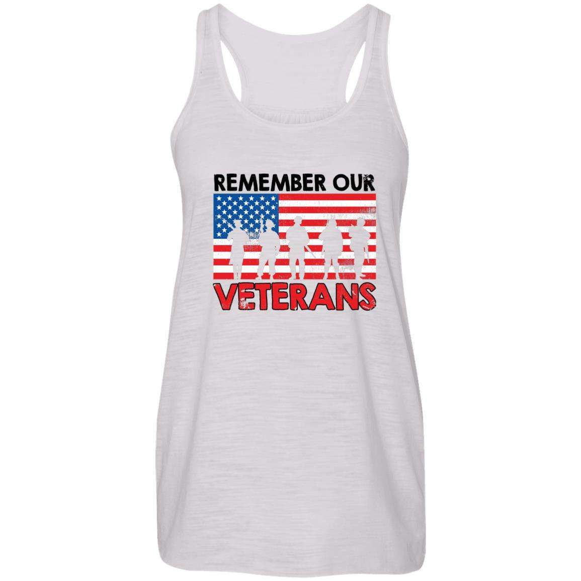 Designs by MyUtopia Shout Out:Remember Our Veterans US Flag Ladies Flowy Racer-back Tank Top,Vintage White / X-Small,Tank Tops