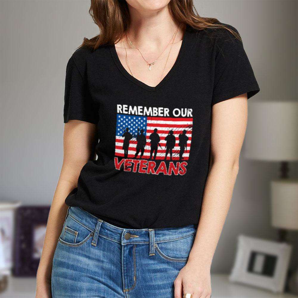 Designs by MyUtopia Shout Out:Remember Our Veterans US Flag Ladies' V-Neck T-Shirt
