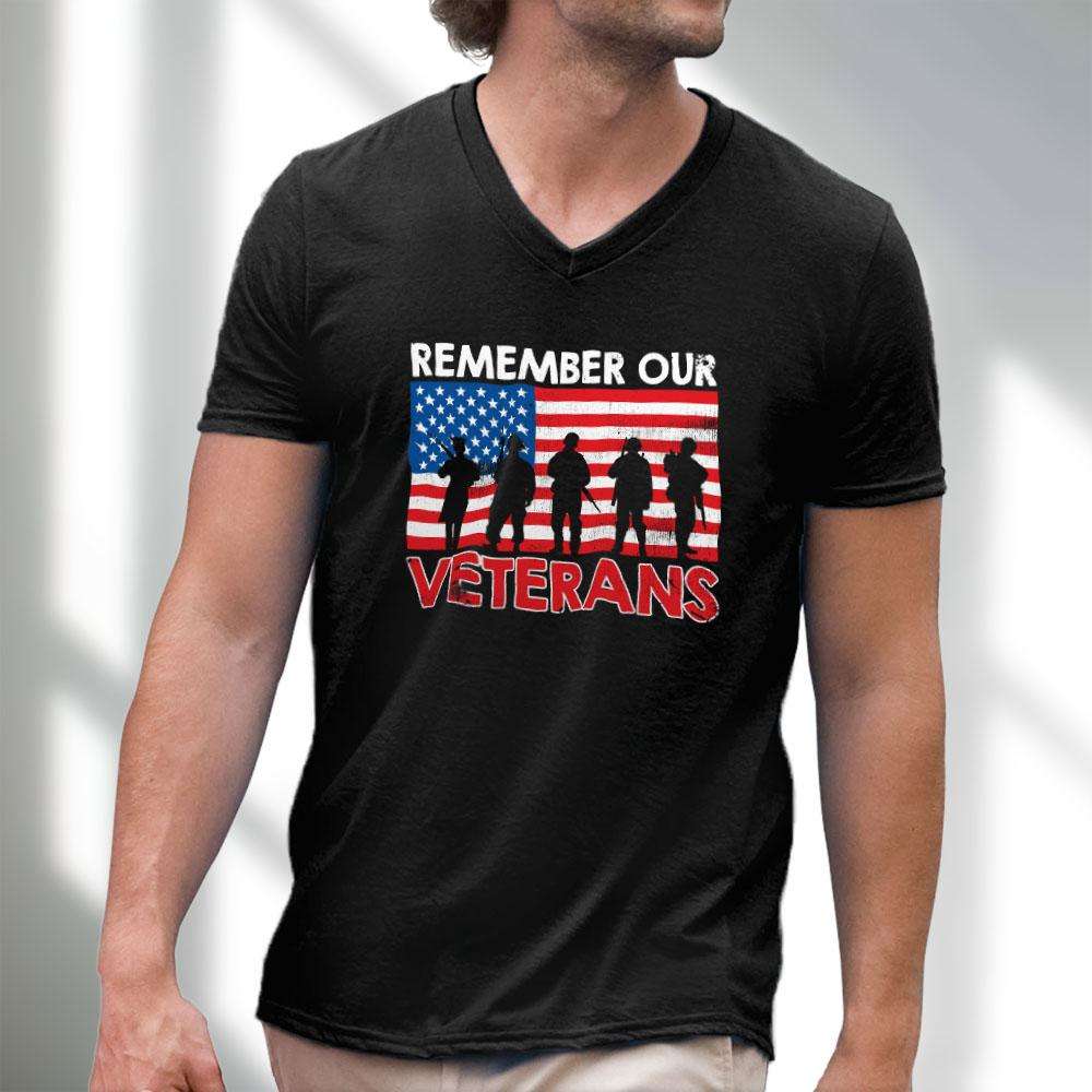Designs by MyUtopia Shout Out:Remember Our Veterans US Flag Men's Printed V-Neck T-Shirt