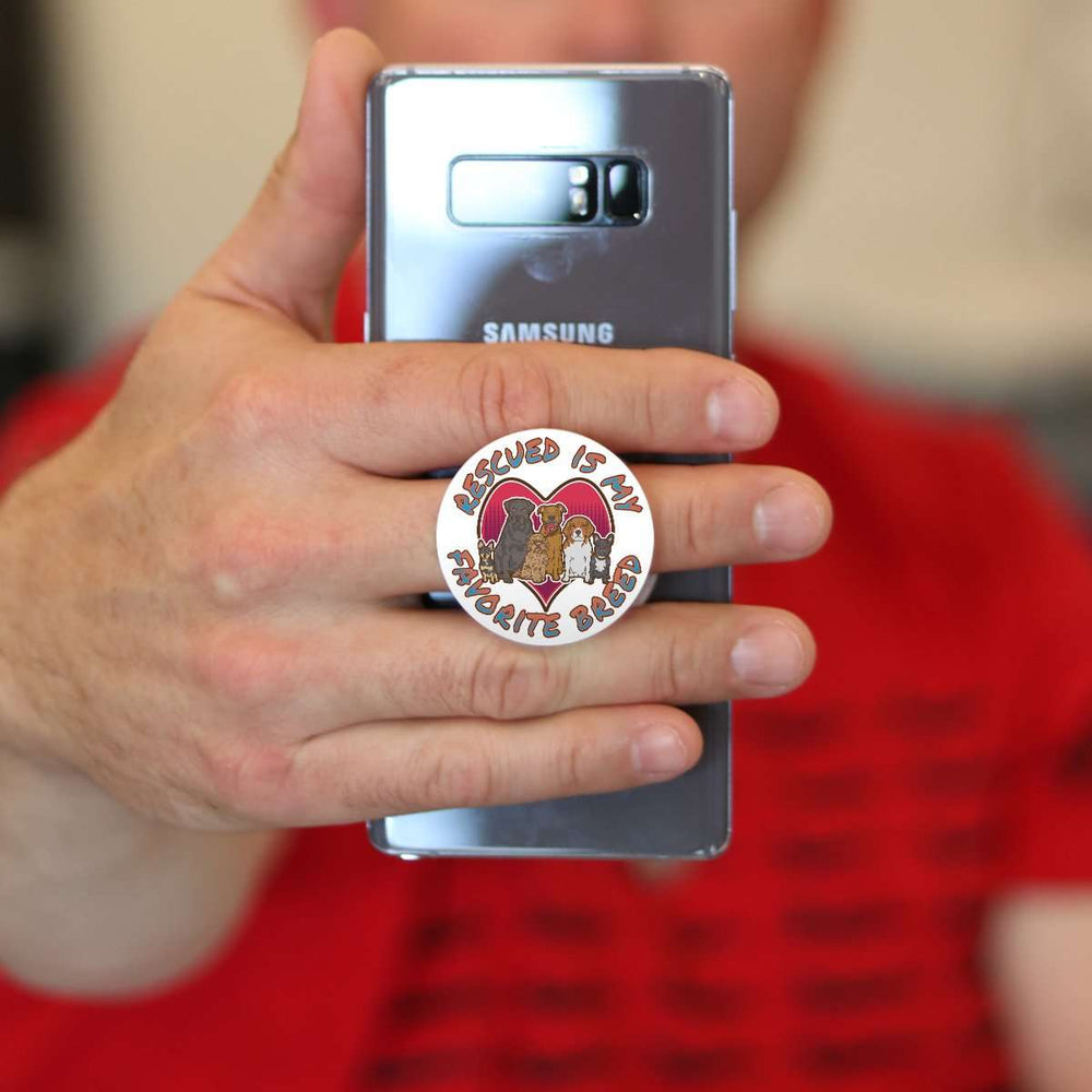 Designs by MyUtopia Shout Out:Rescued is my Favorite Dog Breed Hinged Phone Grip and Stand for Smartphones and Tablets