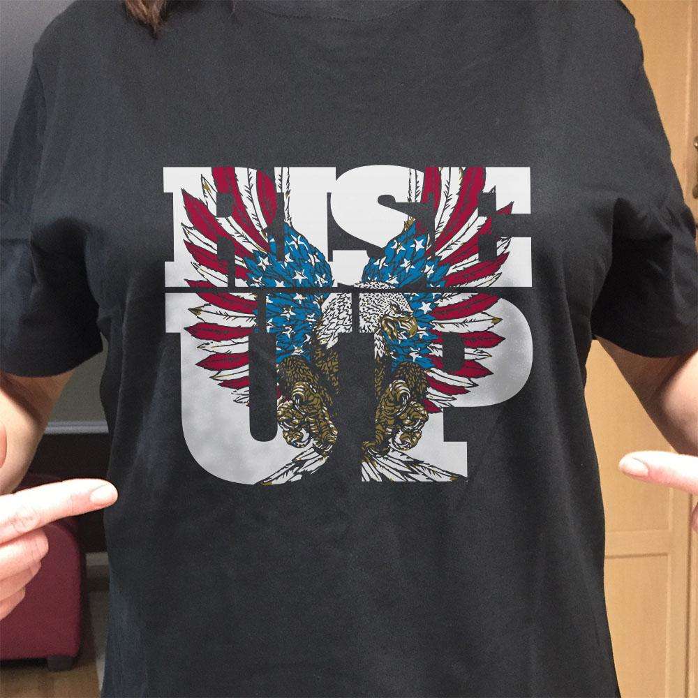 Designs by MyUtopia Shout Out:Rise Up Patriotic Eagle Adult Unisex Black T-Shirt
