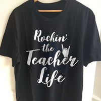 Load image into Gallery viewer, Designs by MyUtopia Shout Out:Rockin&#39; The Teacher Life Adult Unisex Cotton Short Sleeve T-Shirt,S / Black,Adult Unisex T-Shirt
