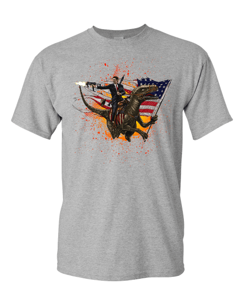 Ronald Reagan Velociraptor US Flag Global Warming Adult Unisex T-Shirt ...