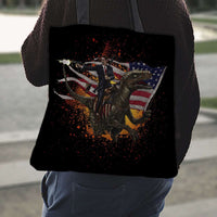 Load image into Gallery viewer, Designs by MyUtopia Shout Out:Ronald Reagan Velociraptor US Flag Global Warming Fabric Totebag Reusable Shopping Tote

