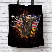 Load image into Gallery viewer, Designs by MyUtopia Shout Out:Ronald Reagan Velociraptor US Flag Global Warming Fabric Totebag Reusable Shopping Tote
