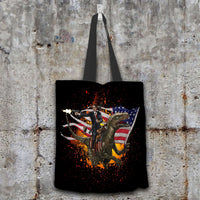 Load image into Gallery viewer, Designs by MyUtopia Shout Out:Ronald Reagan Velociraptor US Flag Global Warming Fabric Totebag Reusable Shopping Tote
