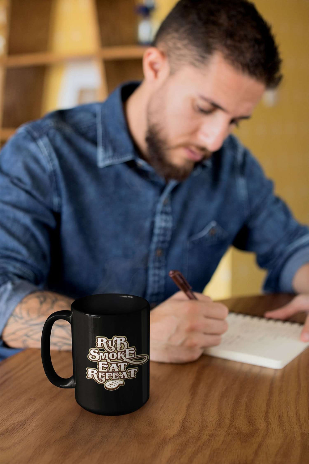 Designs by MyUtopia Shout Out:Rub Smoke Eat Repeat Ceramic Coffee Mug - Black