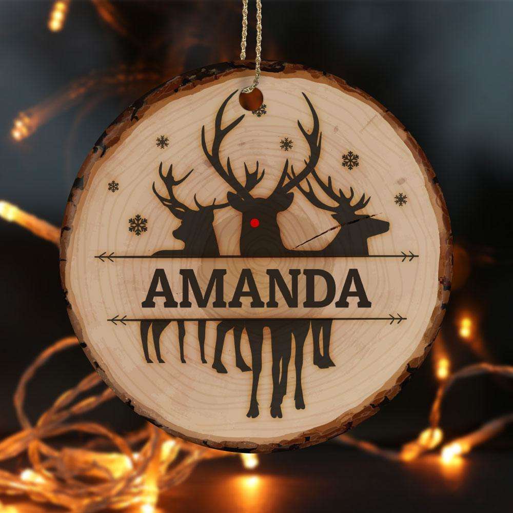 Designs by MyUtopia Shout Out:Rudolph with Snowflakes Personalized with Name Ceramic Circle Christmas Ornament,White / One Size,Personalized Christmas Ornament