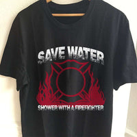 Load image into Gallery viewer, Designs by MyUtopia Shout Out:Save Water Shower With A Firefighter Adult Unisex Black T-Shirt,S / Black,Adult Unisex T-Shirt
