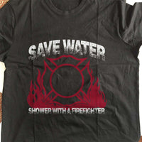 Load image into Gallery viewer, Designs by MyUtopia Shout Out:Save Water Shower With A Firefighter Adult Unisex Black T-Shirt
