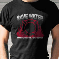 Load image into Gallery viewer, Designs by MyUtopia Shout Out:Save Water Shower With A Firefighter Adult Unisex Black T-Shirt
