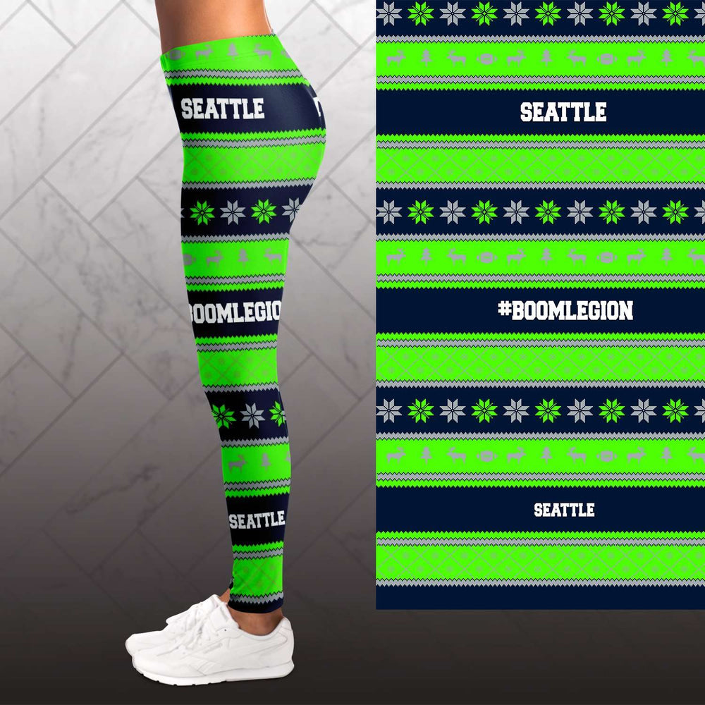 Designs by MyUtopia Shout Out:Seattle #BoomLegion Football Fan Ugly Christmas Leggings
