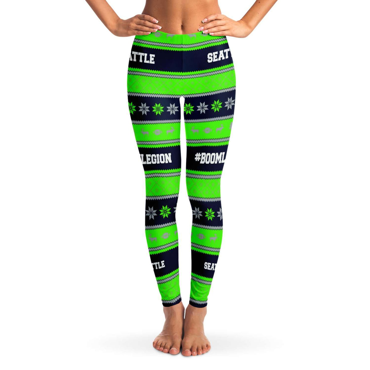 Designs by MyUtopia Shout Out:Seattle #BoomLegion Football Fan Ugly Christmas Leggings,XS / Green,Leggings - AOP