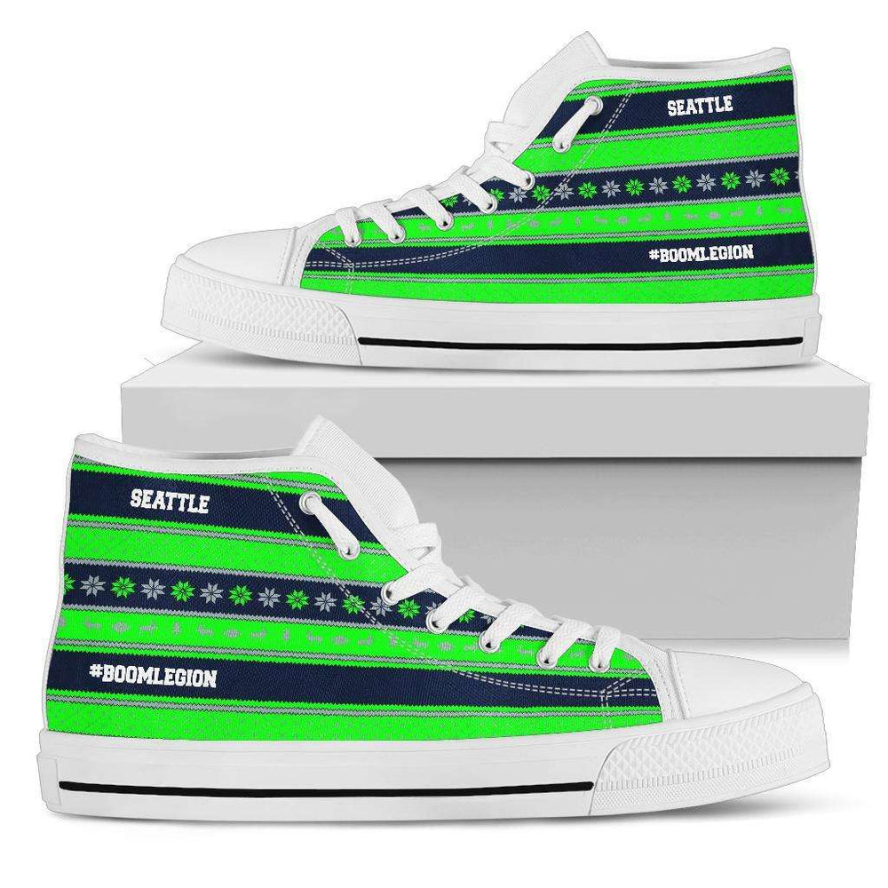 Designs by MyUtopia Shout Out:Seattle Football Fan Ugly Christmas Sweater  Style Canvas Hi-Top Sneakers,Women's / Ladies US5.5 (EU36),High Top Sneakers