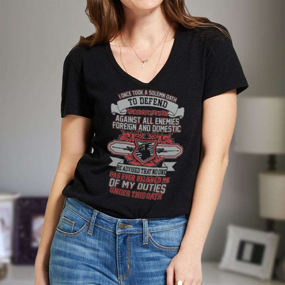 Designs by MyUtopia Shout Out:Solemn Oath of a Veteran Ladies' V-Neck T-Shirt