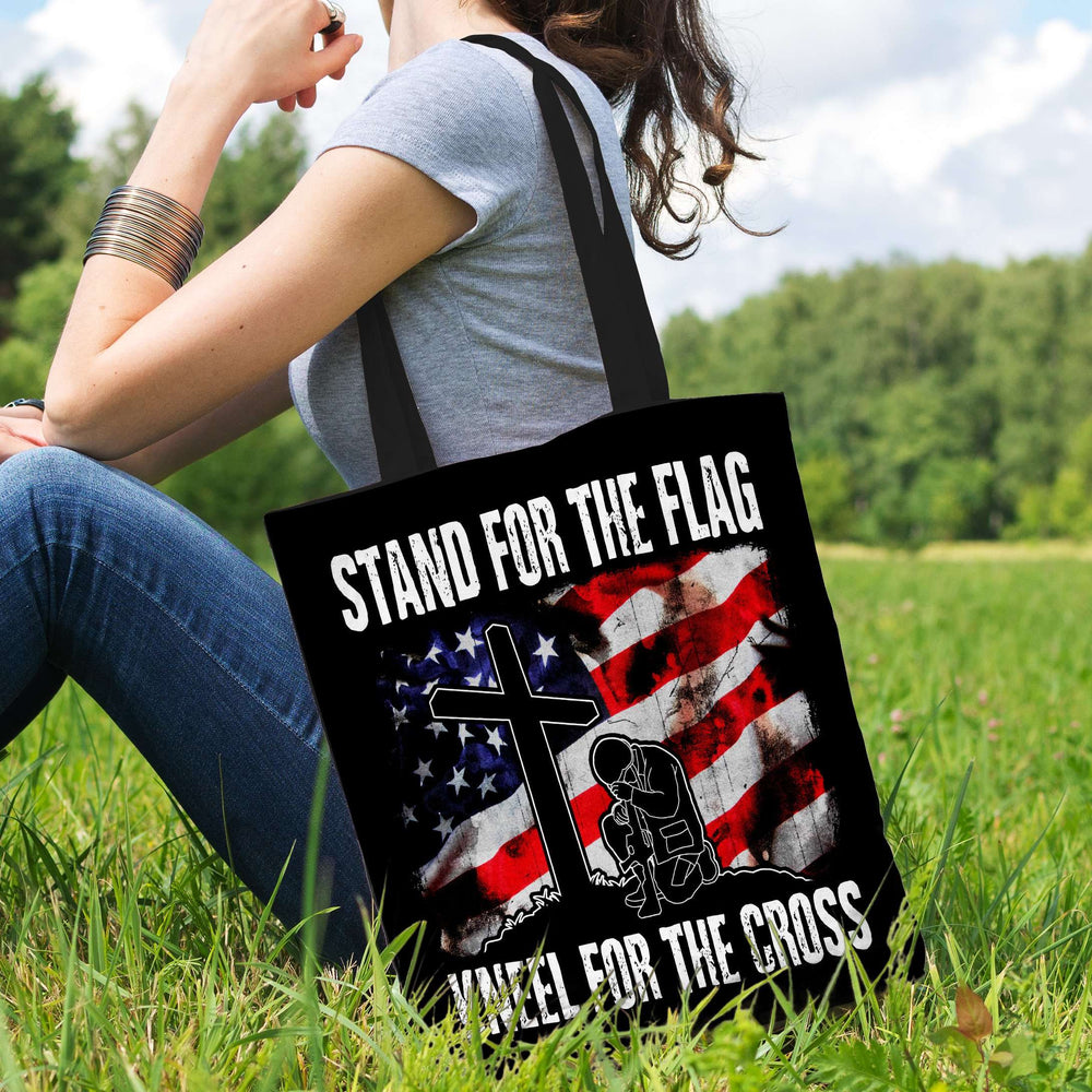 Designs by MyUtopia Shout Out:Stand For The Flag Kneel For The Cross Fabric Totebag Reusable Shopping Tote