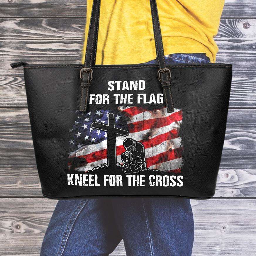 Designs by MyUtopia Shout Out:Stand For The Flag Kneel For The Cross Faux Leather Totebag Purse,Medium / Black,tote bag purse