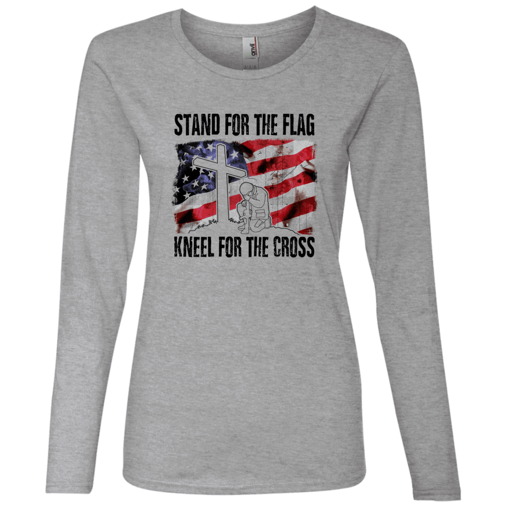 Designs by MyUtopia Shout Out:Stand for the Flag, Kneel for the Cross Mens / Ladies Long Sleeve T-Shirt,Ladies' Long Sleeve T-Shirt / S / Heather Grey,Ladies T-Shirts