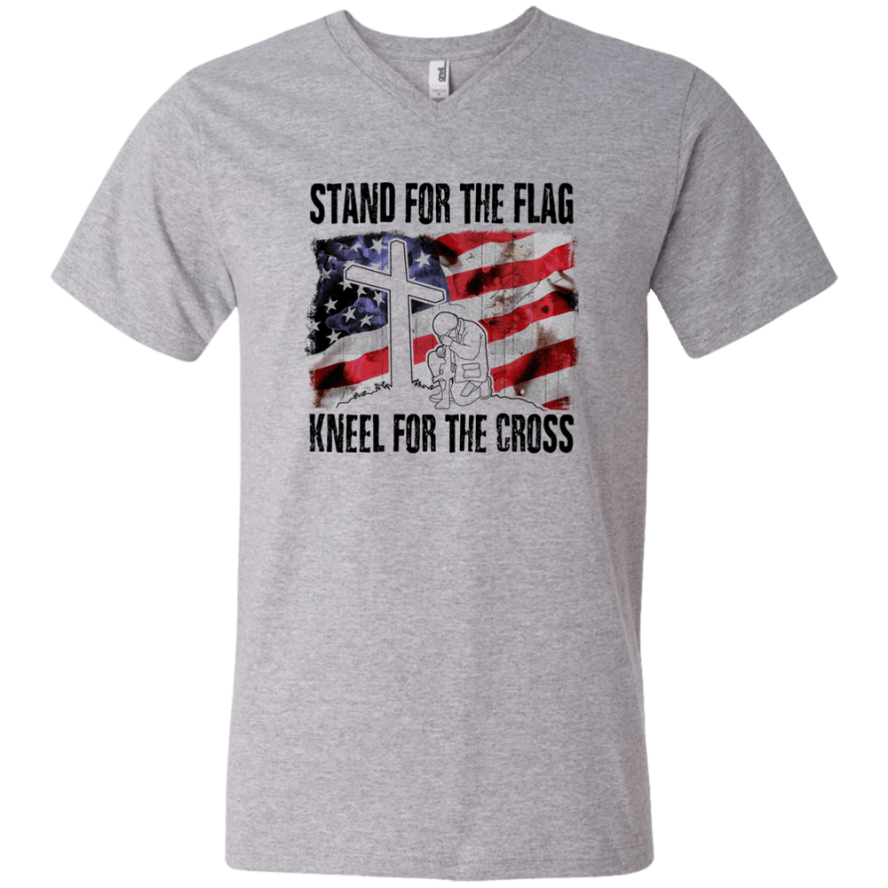 Designs by MyUtopia Shout Out:Stand for the Flag Kneel for the Cross Mens / Ladies V-Neck T-Shirt,Men's V-Neck T-Shirt / S / Heather Grey,Adult Unisex Vneck Tee