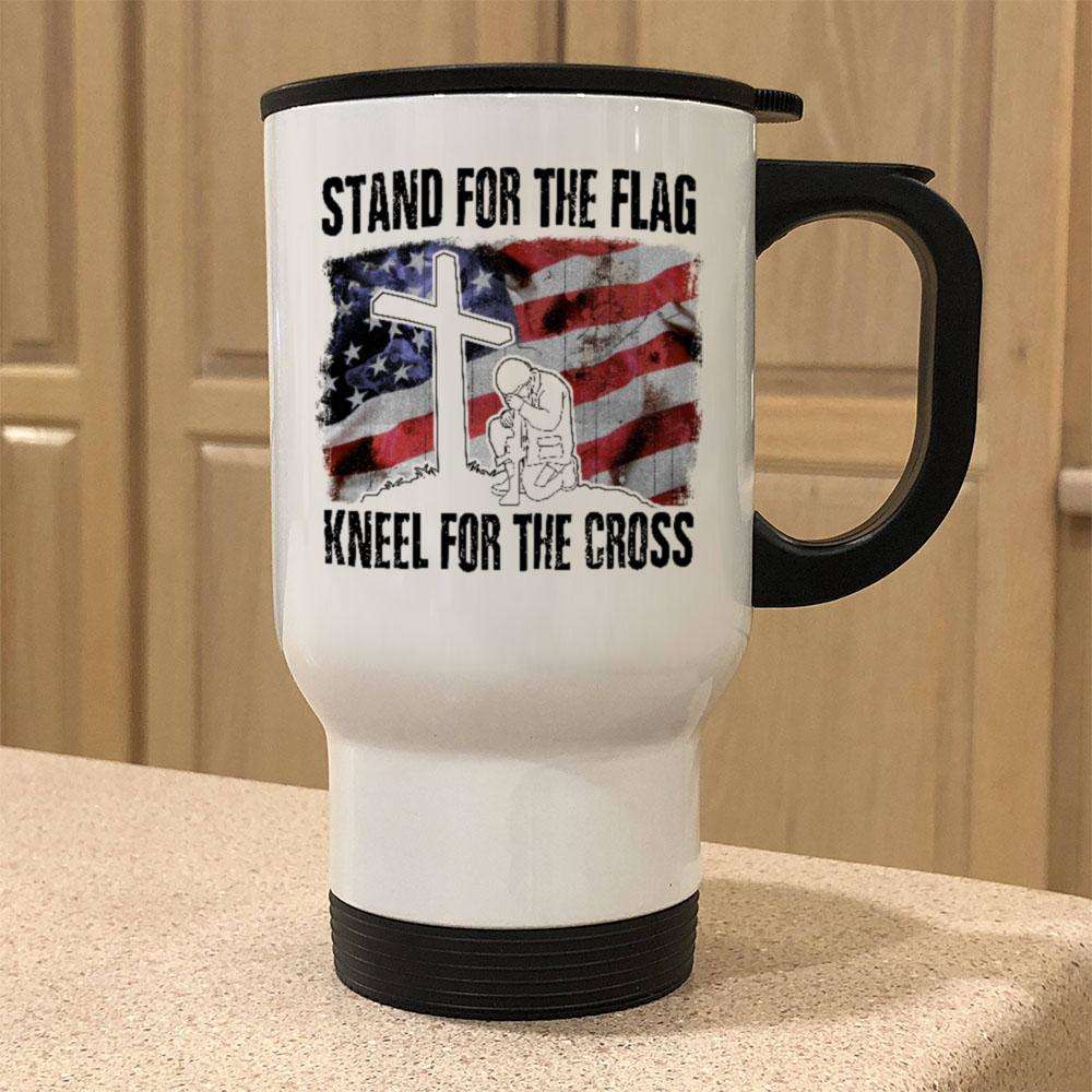 Designs by MyUtopia Shout Out:Stand For The Flag, Kneel For The Cross Stainless Steel Travel Coffee Mug w. Twist Close Lid,White / 14 oz,Travel Mug