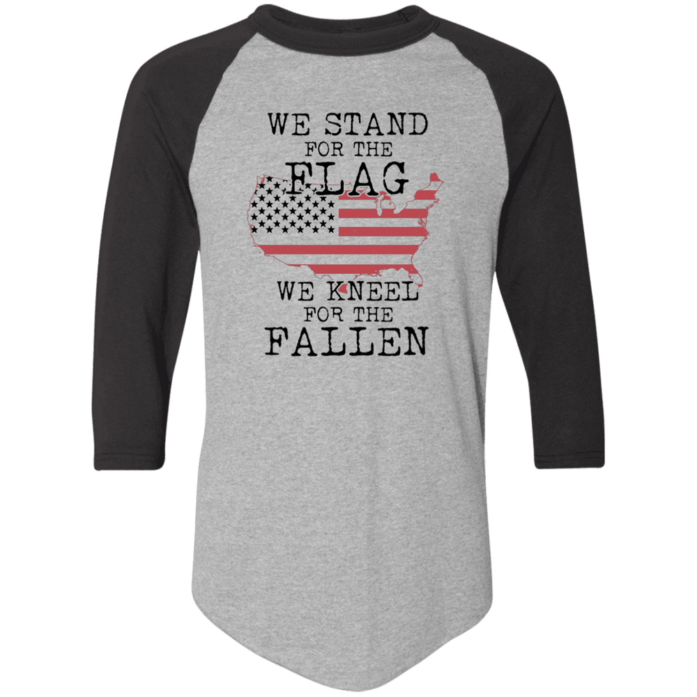 Designs by MyUtopia Shout Out:Stand for the Flag Kneel For The Fallen Flag in US Map 3/4 Length Sleeve Color block Raglan Jersey T-Shirt,Athletic Heather/Black / S,T-Shirts