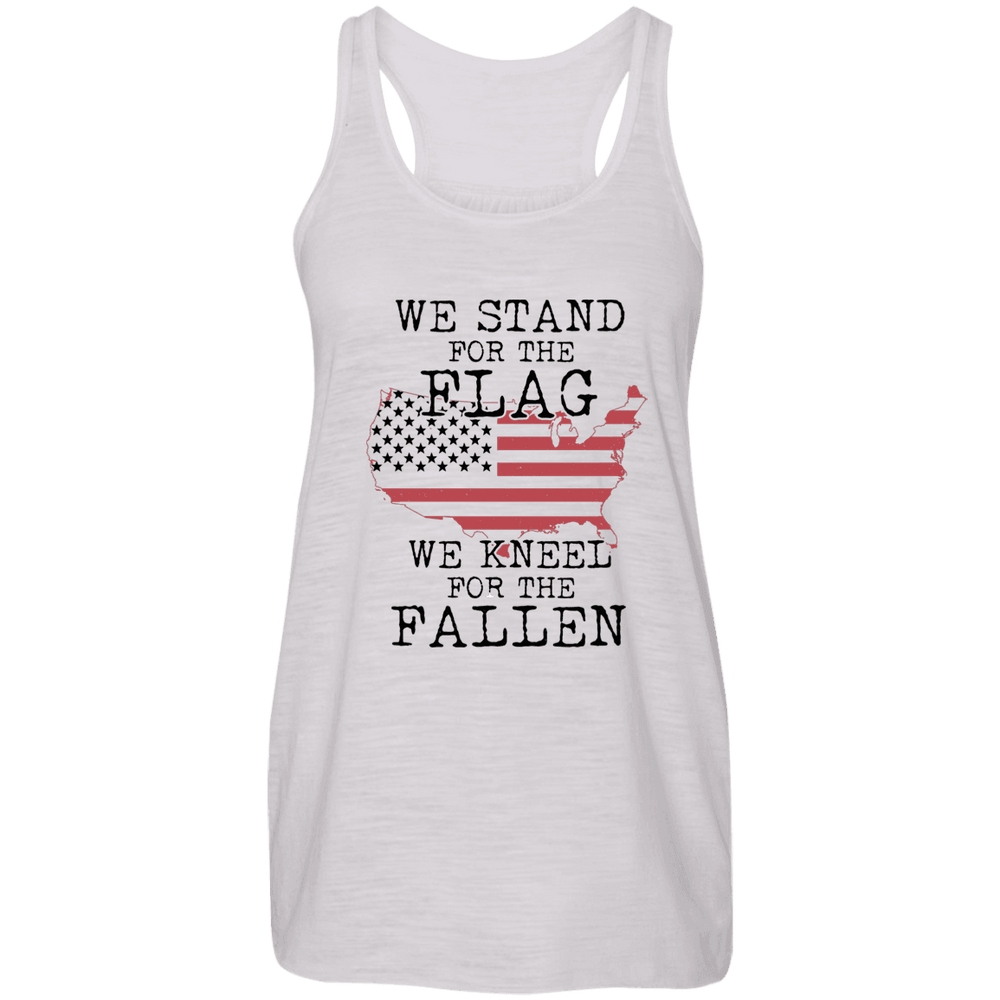 Designs by MyUtopia Shout Out:Stand for the Flag Kneel For The Fallen Flag in US Map Ladies Flowy Racer-back Tank Top,Vintage White / X-Small,Tank Tops