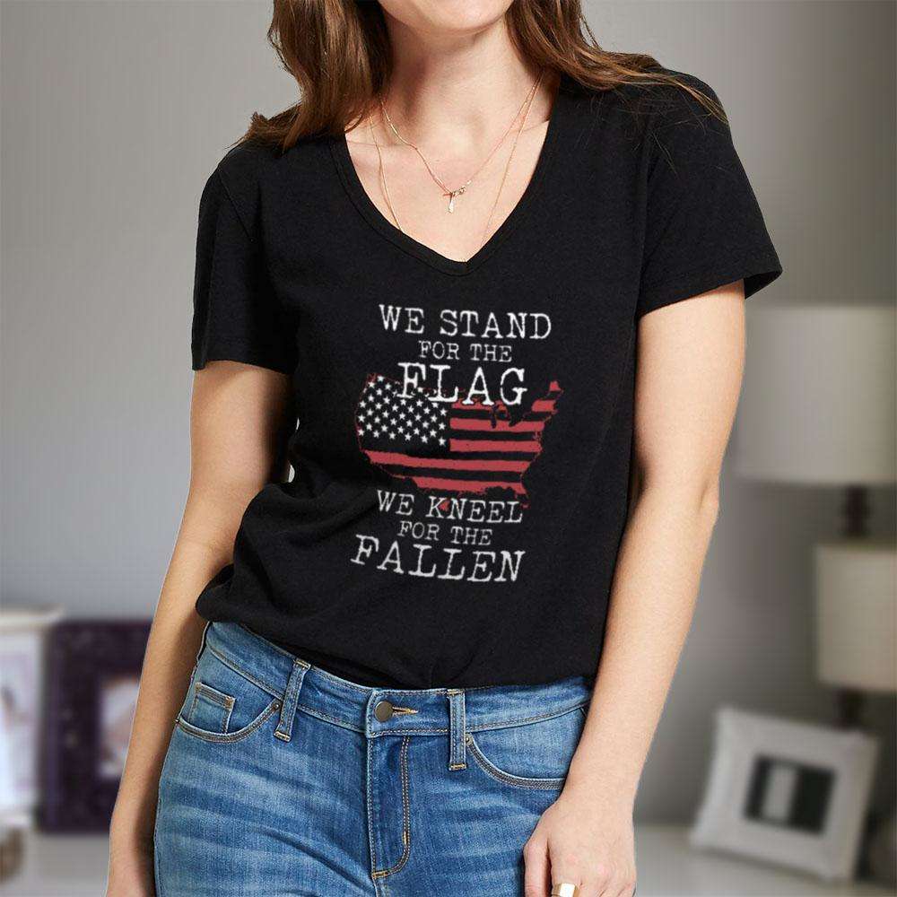 Designs by MyUtopia Shout Out:Stand for the Flag Kneel For The Fallen US Flag in US Map Ladies' V-Neck T-Shirt