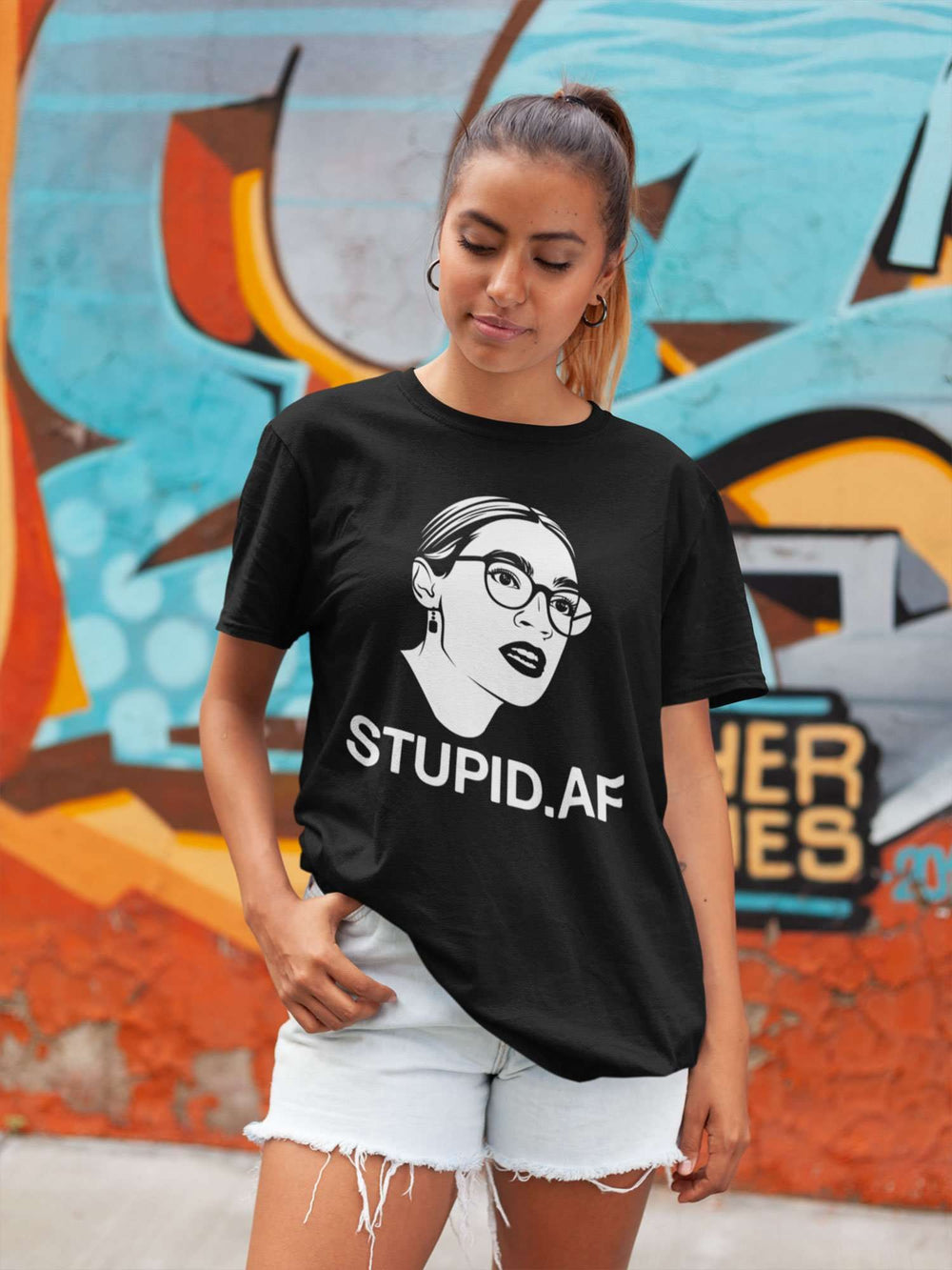 Designs by MyUtopia Shout Out:Stupid AOC Trump Political Humor Unisex Jersey Short-Sleeve T-Shirt