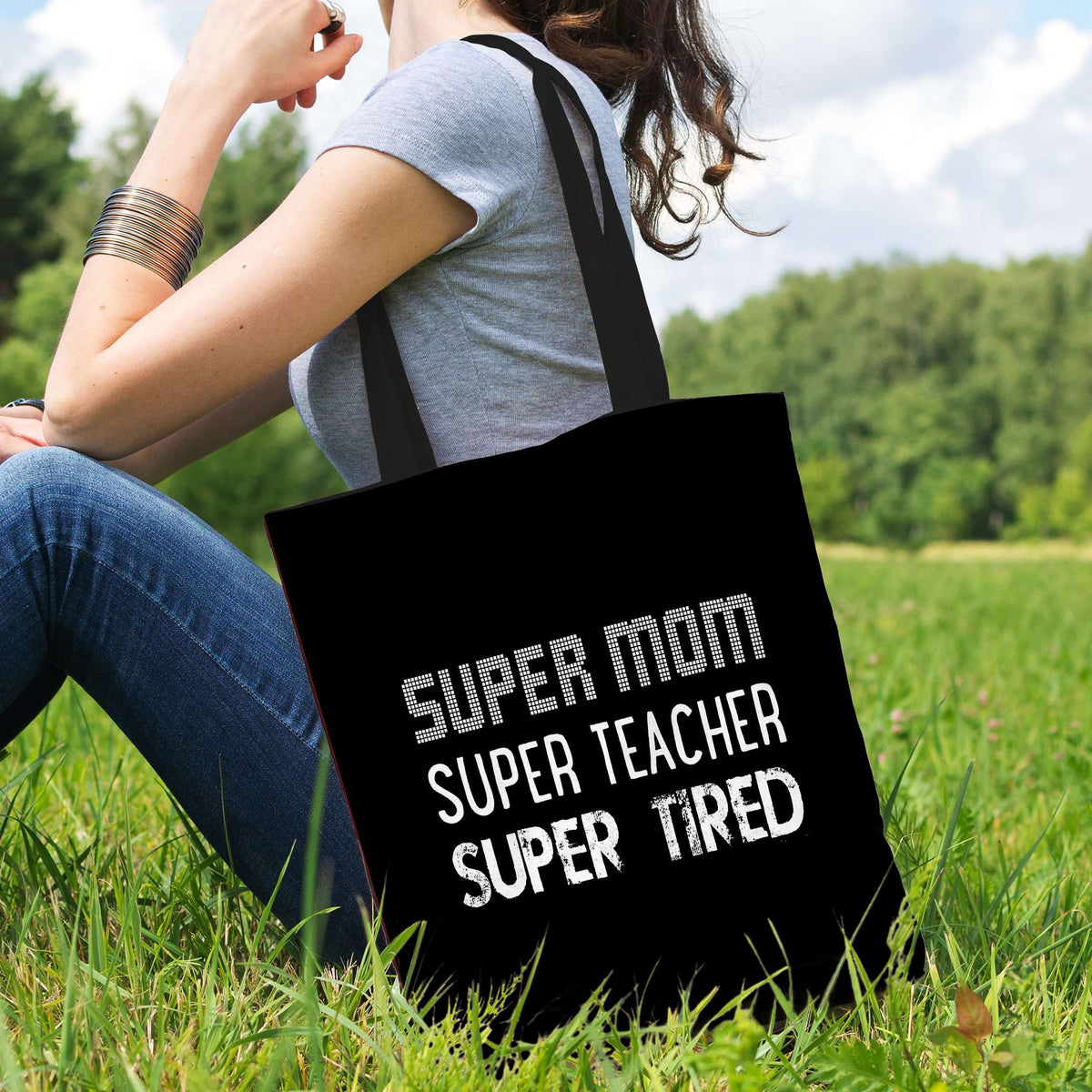 Designs by MyUtopia Shout Out:Super Mom Super Teacher Super Tired Fabric Totebag Reusable Shopping Tote