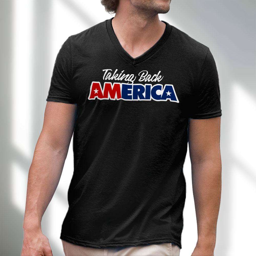 Designs by MyUtopia Shout Out:Taking Back America Trump Men's Printed V-Neck T-Shirt