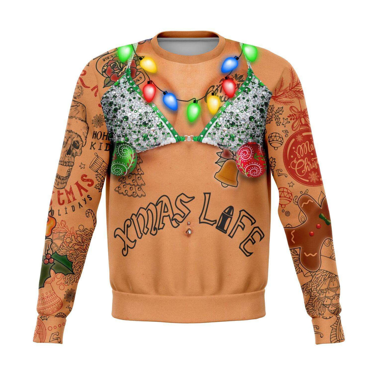 Designs by MyUtopia Shout Out:Tattooed Bikini Girl - 3D Ugly Christmas Holiday Fashion Sweatshirt,XS / Multi,Fashion Sweatshirt - AOP