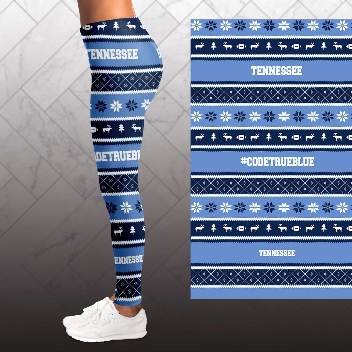 Designs by MyUtopia Shout Out:Tennessee Blue Titans Fan Ugly Christmas Sweater Style Leggings,Select Your Size / Blue,Leggings - AOP
