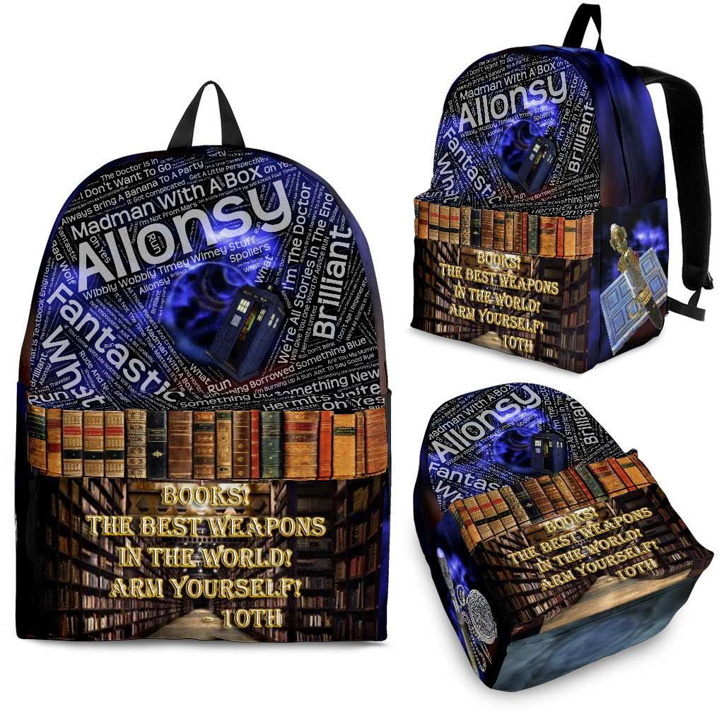 Designs by MyUtopia Shout Out:Tenth Doctor Backpack Quotes and Library,Backpack - Black - Tenth Doctor Backpack version 2 / Large (18 x 14 x 8 inches) / Adult (Ages 13+) / Multi,Backpacks