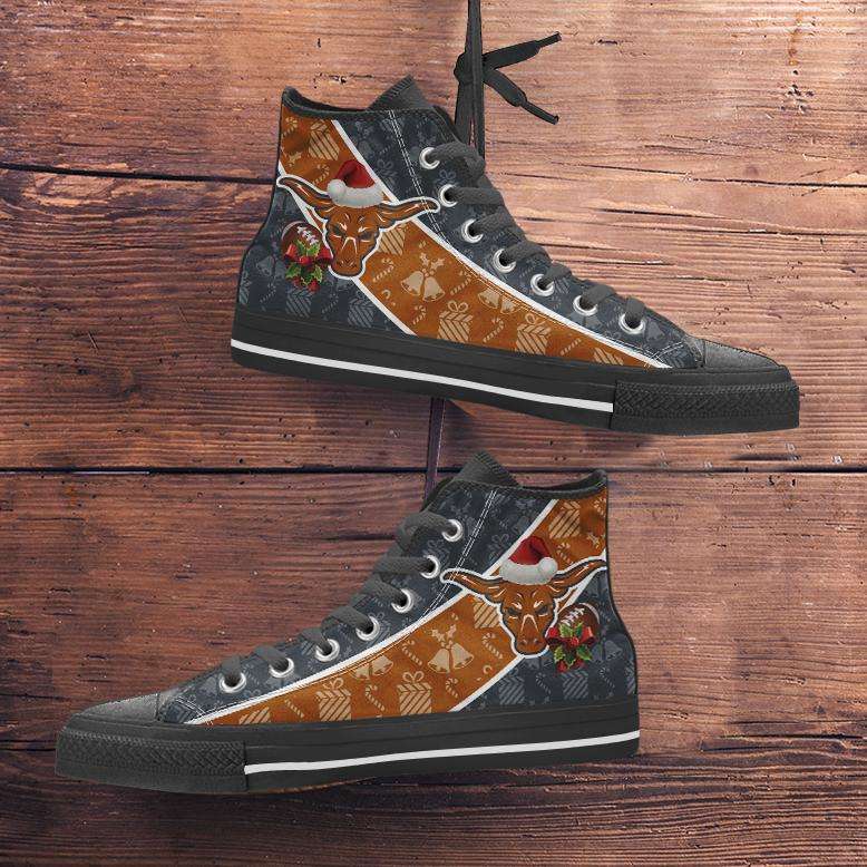 Designs by MyUtopia Shout Out:Texas Longhorns Christmas Football Pattern Canvas High Top Shoes,Men's / Mens US 5 (EU38) / Black/Burnt Orange,High Top Sneakers