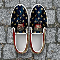 Load image into Gallery viewer, Designs by MyUtopia Shout Out:Texas Strong Slip-on Shoes,Woman&#39;s / Woman&#39;s US6 (EU36) / Red/Blue,Slip on sneakers
