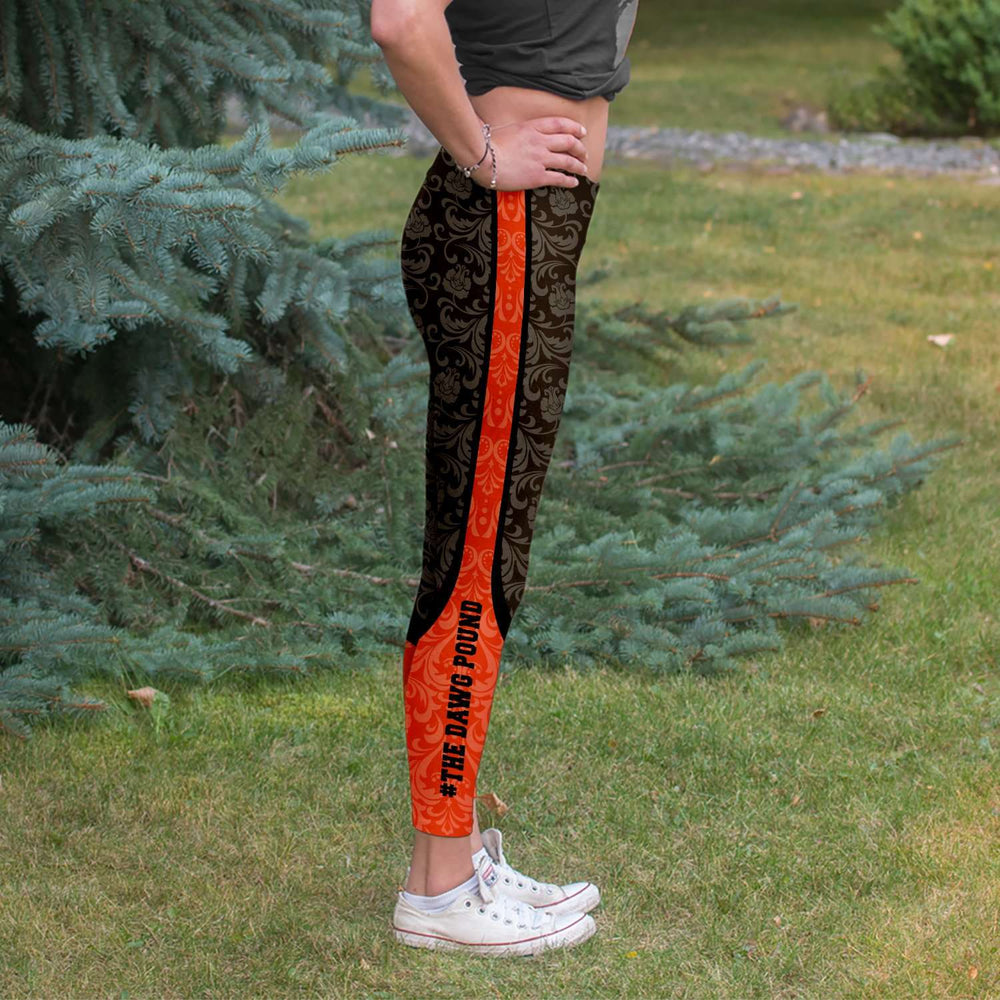Designs by MyUtopia Shout Out:The Dawg Pound Cleveland Football Fan Ladies Fashion Leggings,Select Your Size / Brown,Leggings - AOP