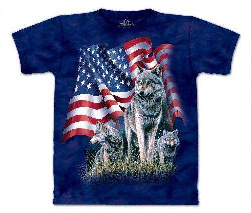 Designs by MyUtopia Shout Out:The Mountain Men's Wolf Flag T-Shirt,Blue / Small,Adult Unisex T-Shirt