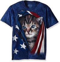 Load image into Gallery viewer, Designs by MyUtopia Shout Out:The Mountain Patriotic Kitten Wrapped in an American Flag Adult T-Shirt by The Mountain,Blue / Small,Adult Unisex T-Shirt
