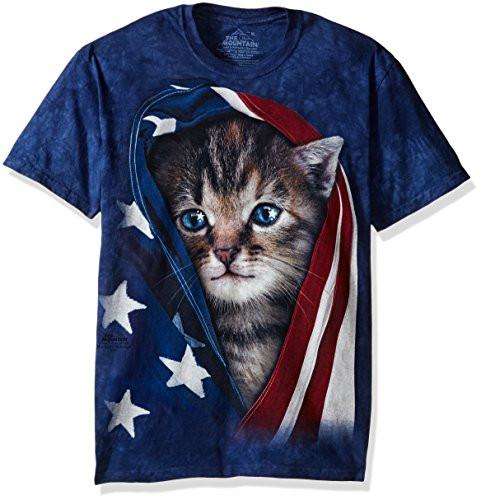 Designs by MyUtopia Shout Out:The Mountain Patriotic Kitten Wrapped in an American Flag Adult T-Shirt by The Mountain,Blue / Small,Adult Unisex T-Shirt