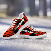 Load image into Gallery viewer, Designs by MyUtopia Shout Out:#TheDawgPound Cleveland Fan Brown / Orange Stripes Mesh Fabric Running Shoes
