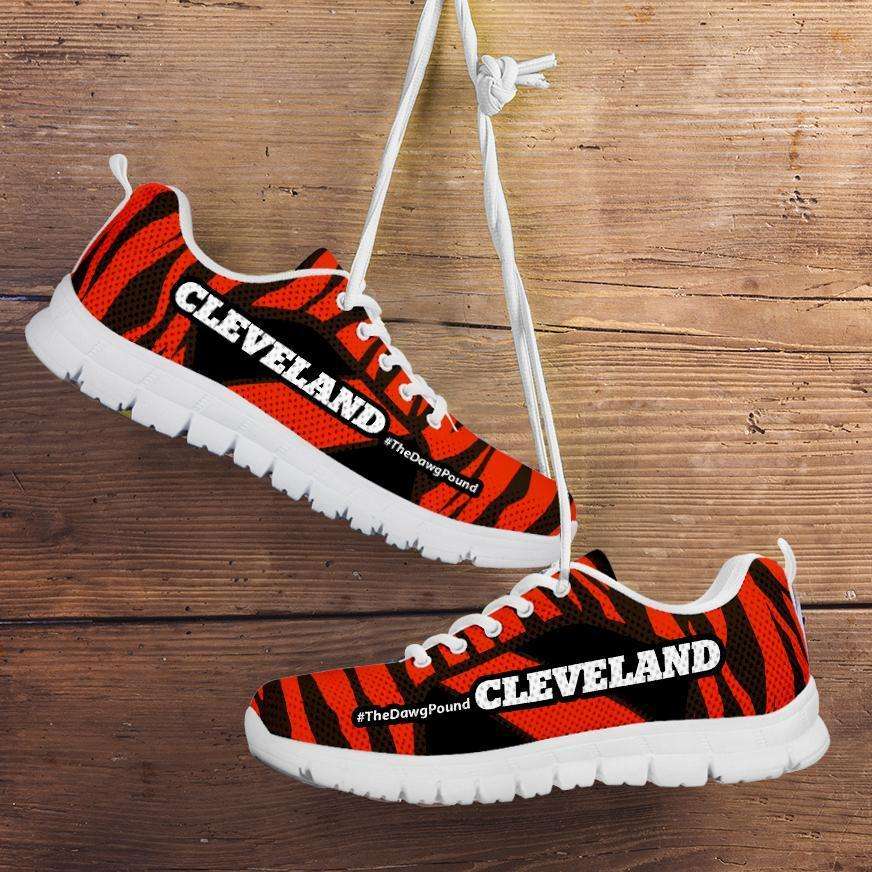 Designs by MyUtopia Shout Out:#TheDawgPound Cleveland Fan Brown / Orange Stripes Mesh Fabric Running Shoes