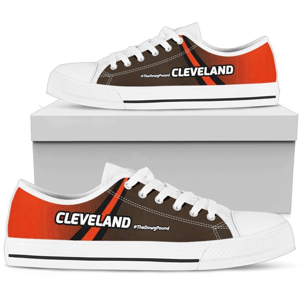 Designs by MyUtopia Shout Out:#TheDawgPound Cleveland Fan Canvas Low Top Shoes,Mens Low Top - White - Men's / US5 (EU38) / Orange / Brown,Lowtop Shoes