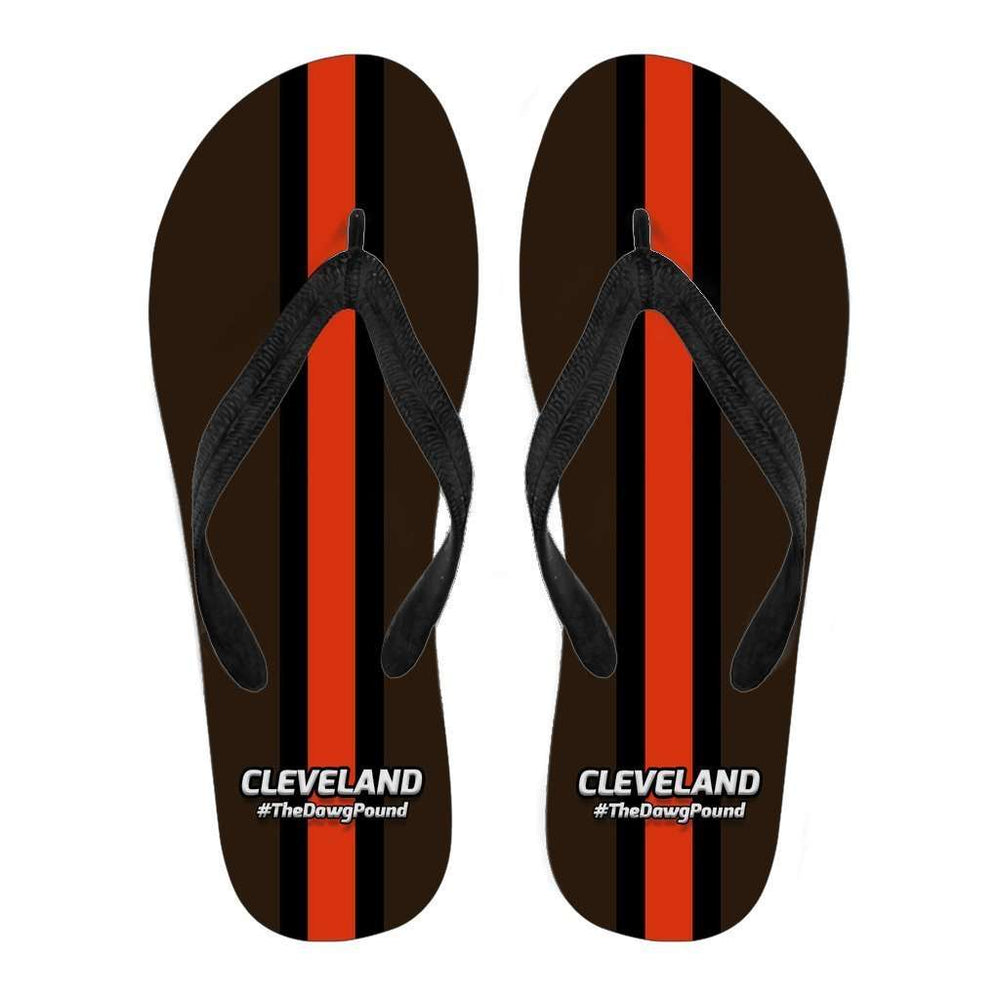 Designs by MyUtopia Shout Out:#TheDawgPound Cleveland Fan Flip Flops,Men's / Men's Small (US 7-8 /EU 40-42) / Brown - Orange,Flip Flops